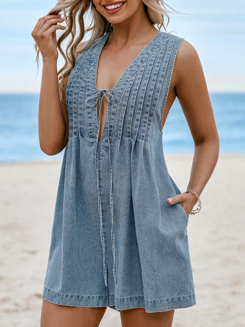 NWT CUPSHE Womens Blue Plunging Lace Up Wide Leg Romper pockets Size Large beach